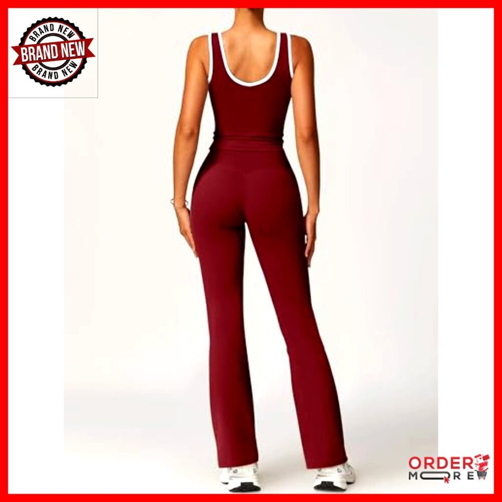 Workout Set with Flare Leggings and Crop Tank Top, Polyester Elastane Blend - Picture 5 of 7